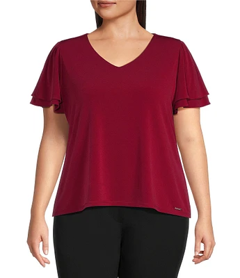 Calvin Klein Plus Size Matte Jersey Knit V-Neck Short Tier Sleeve Top