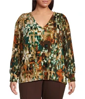 Calvin Klein Plus Size Matte Jersey Printed V-Neck Smocked Pleat Shoulder Detail Chiffon Sleeve Top