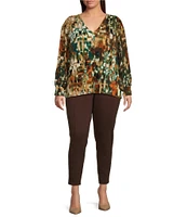 Calvin Klein Plus Size Matte Jersey Printed V-Neck Smocked Pleat Shoulder Detail Chiffon Sleeve Top