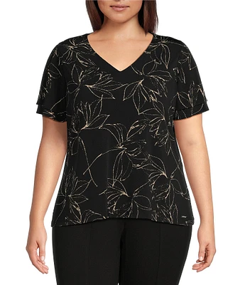 Calvin Klein Plus Size Matte Knit Jersey Sketch Floral Print Short Flutter Sleeve V-Neck Top