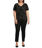 Calvin Klein Plus Size Matte Knit Jersey Sketch Floral Print Short Flutter Sleeve V-Neck Top