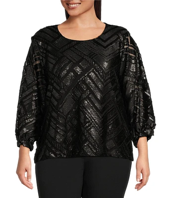 Calvin Klein Plus Size Mesh Knit Lined Geo Print Crew Neck Long Sleeve Top