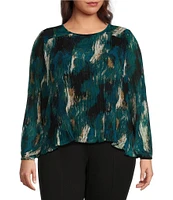 Calvin Klein Plus Size Printed Crew Neck Long Sleeve Chiffon Micro Accordion Pleated Top