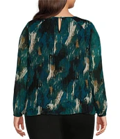 Calvin Klein Plus Size Printed Crew Neck Long Sleeve Chiffon Micro Accordion Pleated Top