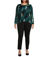 Calvin Klein Plus Size Printed Crew Neck Long Sleeve Chiffon Micro Accordion Pleated Top