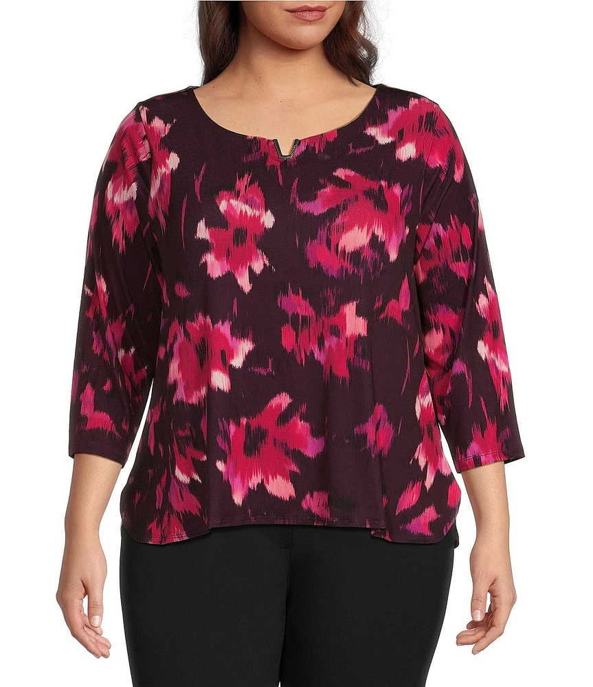 Calvin Klein Plus Size Printed Knit Split Round Neck 3/4 Sleeves Top