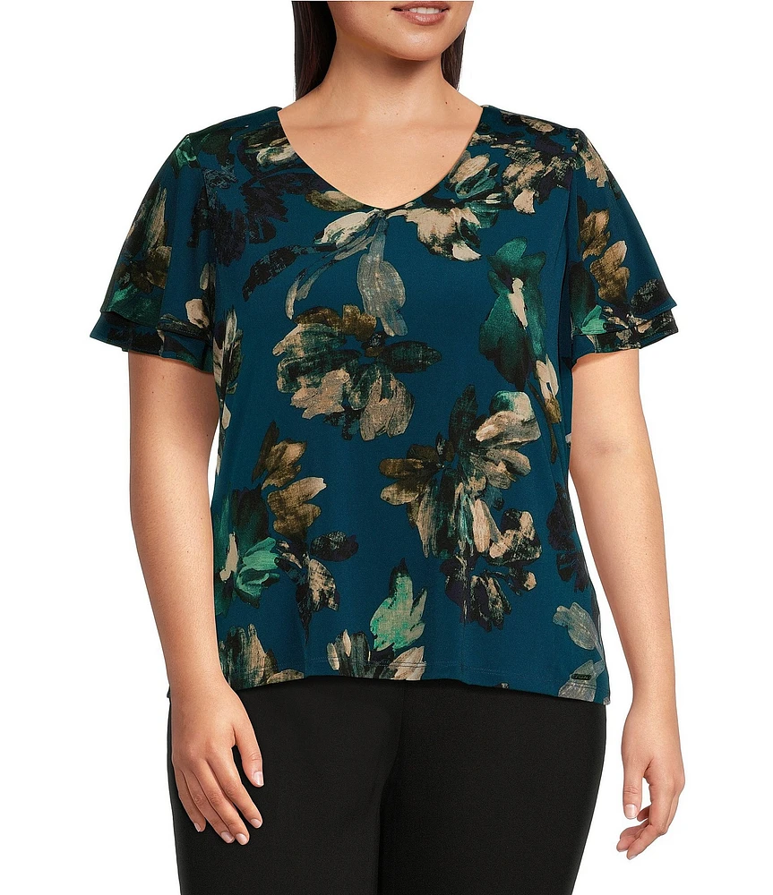 Calvin Klein Plus Size Printed Knit V-Neck Flutter Short Sleeve Top