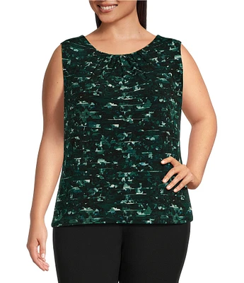 Calvin Klein Plus Size Printed Pleat Crew Neck Sleeveless Cami Top