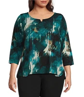 Calvin Klein Plus Size Printed Split Round Neck 3/4 Sleeve Hardware Detail Pullover Top