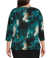 Calvin Klein Plus Size Printed Split Round Neck 3/4 Sleeve Hardware Detail Pullover Top