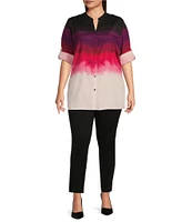 Calvin Klein Plus Size Printed Woven Split V-Neck Long Sleeve Button Front Top