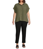 Calvin Klein Plus Size Puckered Woven Short Cuffed Sleeve Button Front Point Collar High-Low Top