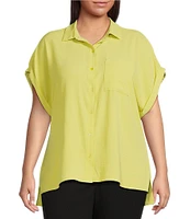 Calvin Klein Plus Size Puckered Woven Short Cuffed Sleeve Button Front Point Collar High-Low Top