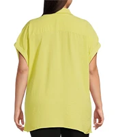 Calvin Klein Plus Size Puckered Woven Short Cuffed Sleeve Button Front Point Collar High-Low Top