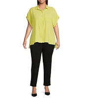 Calvin Klein Plus Size Puckered Woven Short Cuffed Sleeve Button Front Point Collar High-Low Top