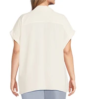 Calvin Klein Plus Size Puckered Woven Short Cuffed Sleeve Button Front Point Collar High-Low Top