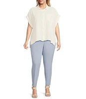 Calvin Klein Plus Size Puckered Woven Short Cuffed Sleeve Button Front Point Collar High-Low Top