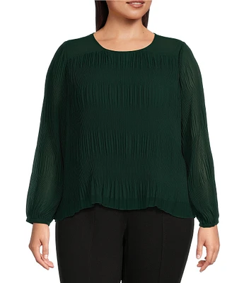 Calvin Klein Plus Size Solid Chiffon Accordion Pleat Crew Neck Long Sleeve Top