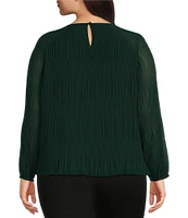 Calvin Klein Plus Size Solid Chiffon Accordion Pleat Crew Neck Long Sleeve Top