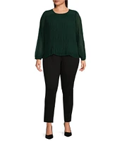 Calvin Klein Plus Size Solid Chiffon Accordion Pleat Crew Neck Long Sleeve Top