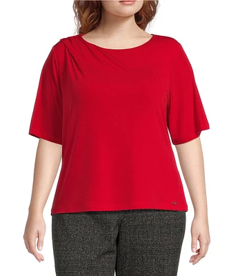 Calvin Klein Plus Size Solid Crew Neck Elbow Sleeve Draped Top