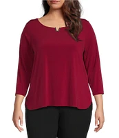 Calvin Klein Plus Size Solid Knit Split Round Neck 3/4 Sleeve Hi-Low Hem Relaxed Top