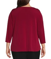 Calvin Klein Plus Size Solid Knit Split Round Neck 3/4 Sleeve Hi-Low Hem Relaxed Top