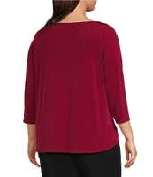 Calvin Klein Plus Size Solid Knit Split Round Neck 3/4 Sleeve Hi-Low Hem Relaxed Top