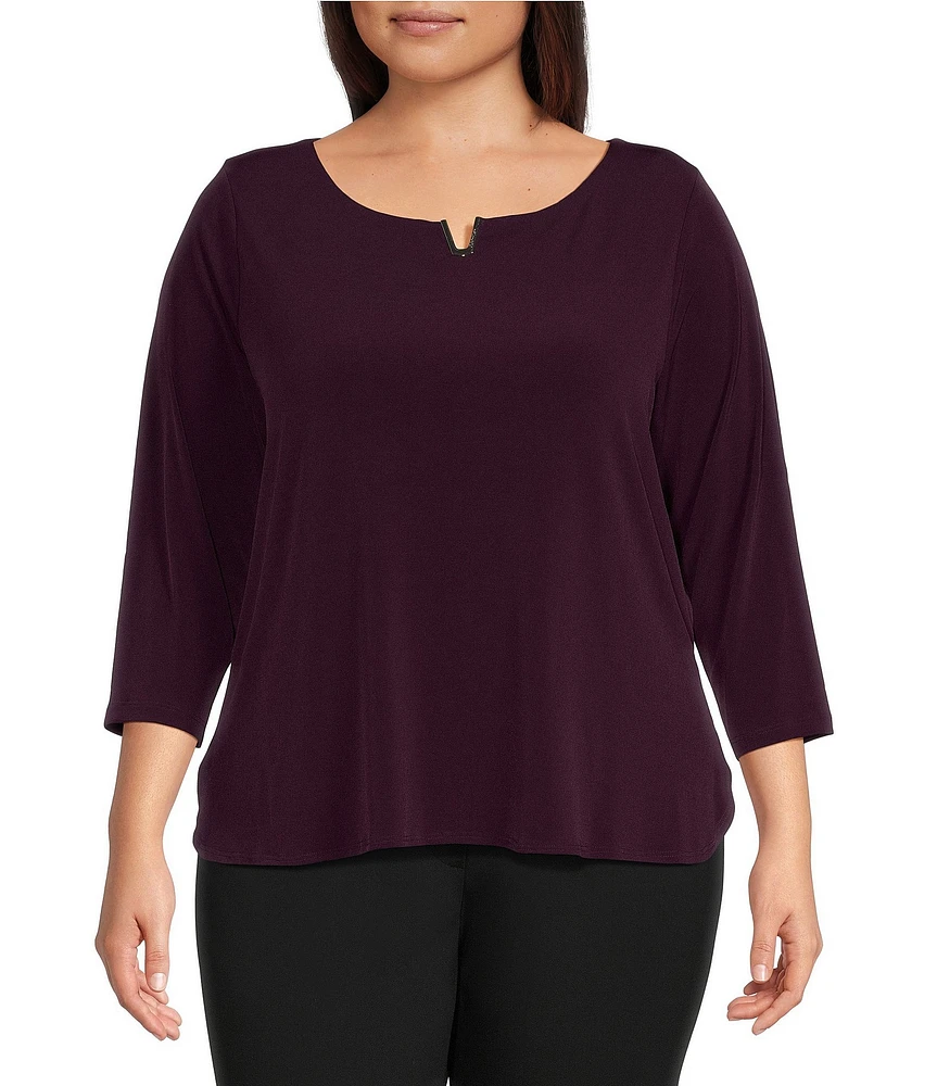 Calvin Klein Plus Size Solid Knit Split Round Neck 3/4 Sleeve Hi-Low Hem Relaxed Top