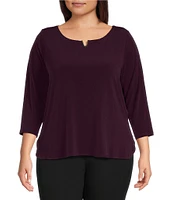 Calvin Klein Plus Size Solid Knit Split Round Neck 3/4 Sleeve Hi-Low Hem Relaxed Top