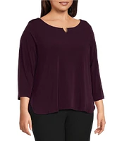 Calvin Klein Plus Size Solid Knit Split Round Neck 3/4 Sleeve Hi-Low Hem Relaxed Top