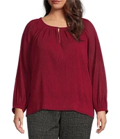 Calvin Klein Plus Size Solid Woven Crew Neck Long Sleeve Pleated Top