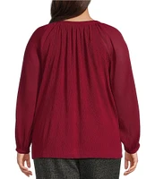 Calvin Klein Plus Size Solid Woven Crew Neck Long Sleeve Pleated Top