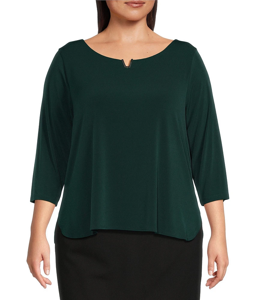 Calvin Klein Plus Size Split Round Neck 3/4 Sleeve Hardware Detail Pullover Top