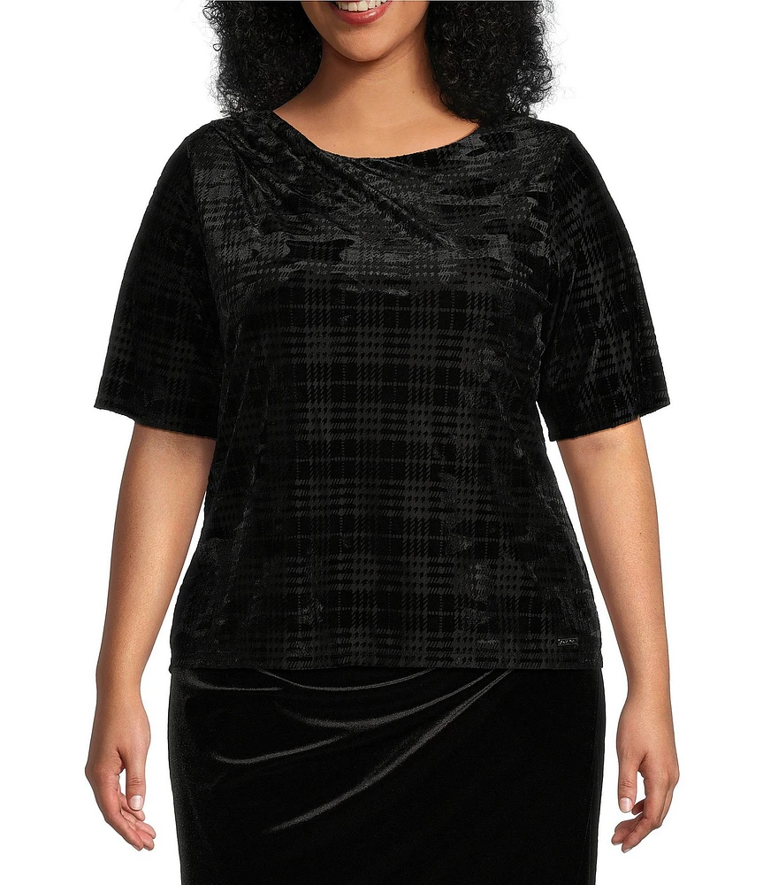 Calvin Klein Plus Size Velvet Printed Crew Neck Elbow Sleeve Draped Top