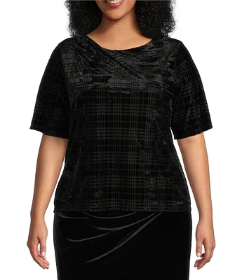 Calvin Klein Plus Size Velvet Printed Crew Neck Elbow Sleeve Draped Top