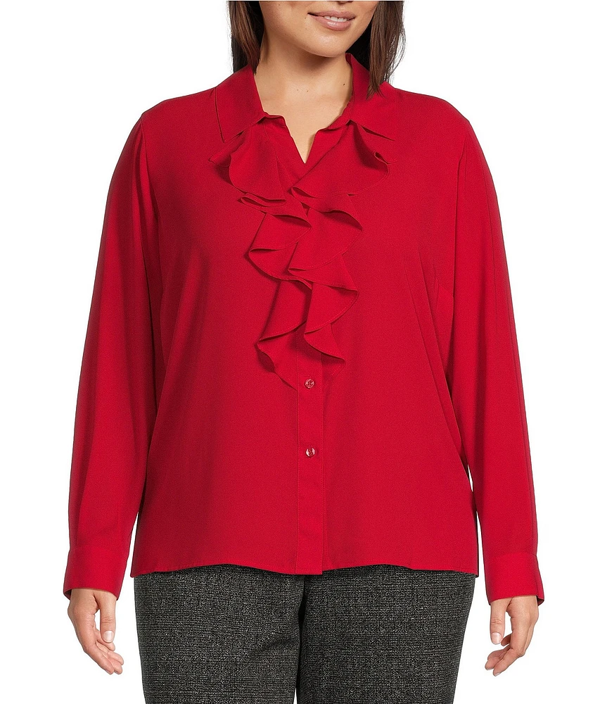 Calvin Klein Plus Size Woven Collared Long Sleeve Ruffled Button-Front Blouse