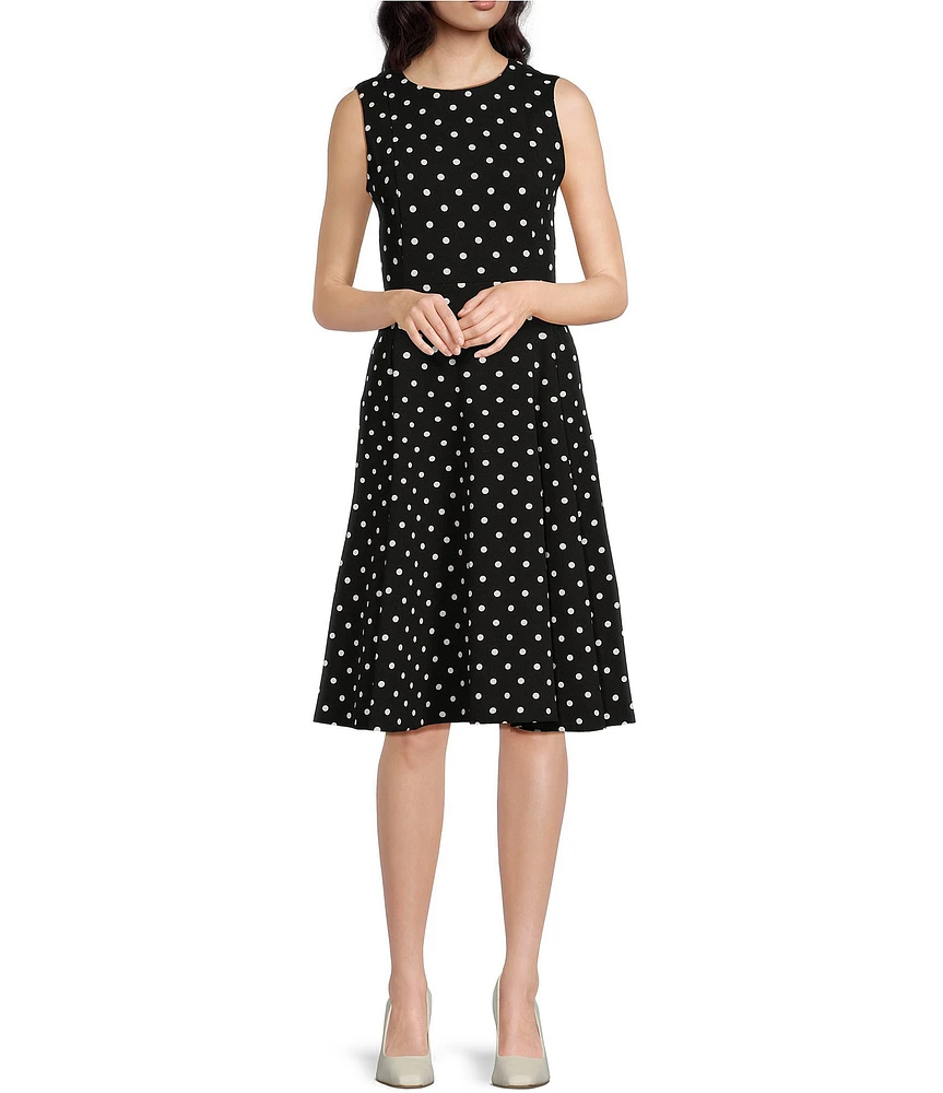 Calvin Klein Polka Dot Scuba Crepe Sleeveless Crew Neck Midi Dress