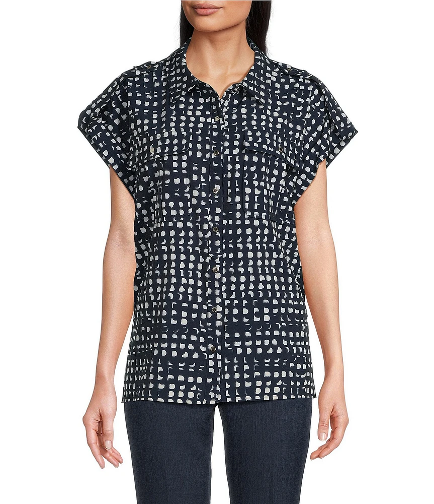 Calvin Klein Pont Collar Short Sleeve Button Front Top