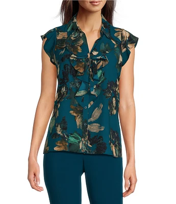 Calvin Klein Printed Chiffon Collared Short Sleeve Ruffle Button Front Blouse