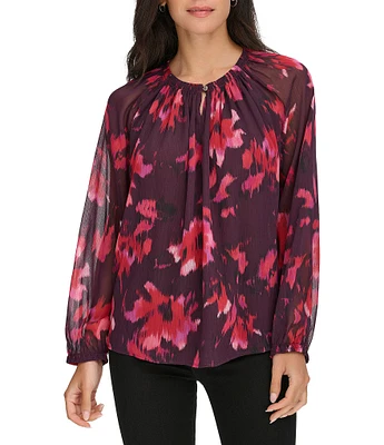 Calvin Klein Printed Chiffon Crew Neck Long Sleeve Top