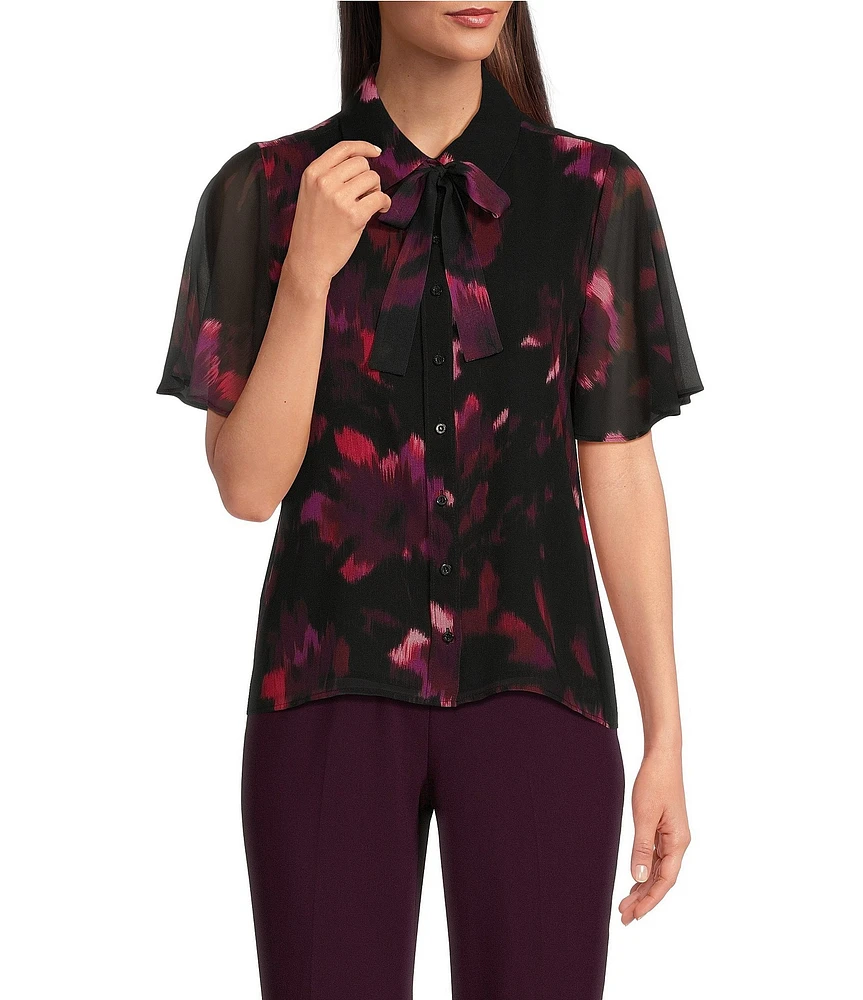 Calvin Klein Printed Chiffon Flutter Short Sleeve Collared Tie Neck Blouse