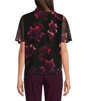 Calvin Klein Printed Chiffon Flutter Short Sleeve Collared Tie Neck Blouse