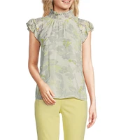 Calvin Klein Printed Chiffon Mock Neck Ruffle Detail Top