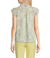Calvin Klein Printed Chiffon Mock Neck Ruffle Detail Top