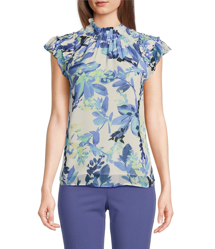 Calvin Klein Printed Chiffon Mock Neck Ruffle Detail Top
