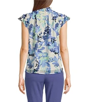 Calvin Klein Printed Chiffon Mock Neck Ruffle Detail Top
