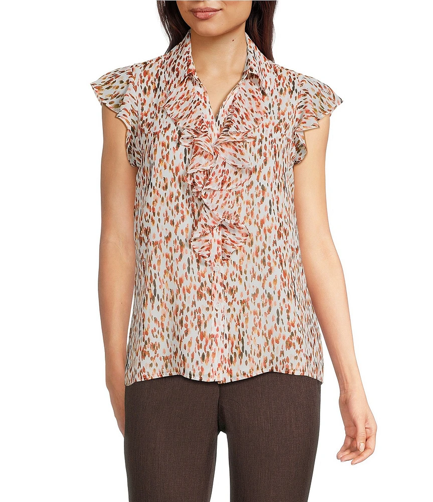 Calvin Klein Printed Chiffon Point Collar Cap Sleeve Ruffle Button Front Blouse