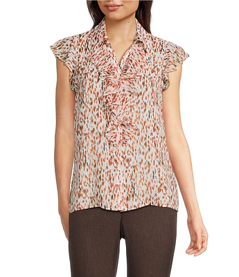 Calvin Klein Printed Chiffon Point Collar Cap Sleeve Ruffle Button Front Blouse