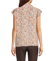 Calvin Klein Printed Chiffon Point Collar Cap Sleeve Ruffle Button Front Blouse